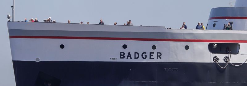 The S.S. Badger passengers line up to watch the ferry’s arrival in port, Friday, May 16, 2025, in Manitowoc, Wis.