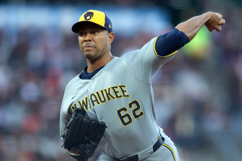 Apr 22, 2025; San Francisco, California, USA; Milwaukee Brewers starting pitcher Jose Quintana (62) delivers a pitch against the San Francisco Giants during the second inning at Oracle Park. Mandatory Credit: D. Ross Cameron-Imagn Images