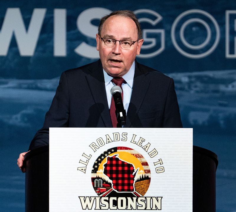 U.S. Rep. Tom Tiffany (R-Wis.) makes remarks at the 2025 Republican Party of Wisconsin State Convention on Saturday May 17, 2025 at the Central Wisconsin Convention & Expo Center in Rothschild, Wis.
