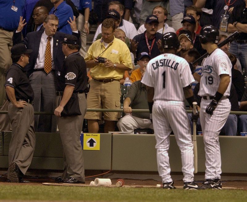 Bud Selig discusses the situation in the bottom of the 12th inning during the 2002 Major League Baseball All-Star Game at Miller Park.