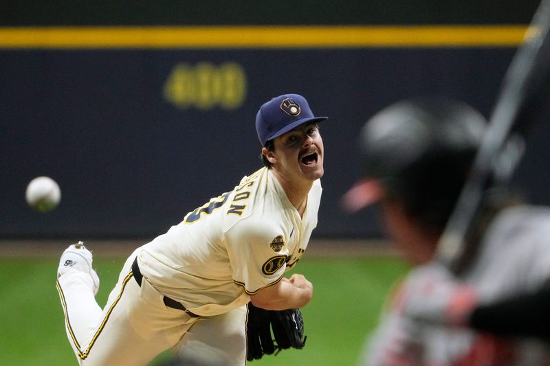 May 20, 2025; Milwaukee, Wisconsin, USA; Milwaukee Brewers pitcher Logan Henderson (43) delivers a pitch against the Baltimore Orioles in the first inning at American Family Field. Mandatory Credit: Michael McLoone-Imagn Images