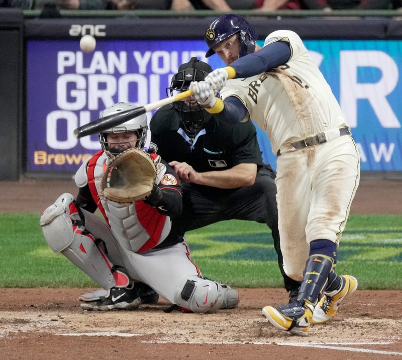 Brewers first baseman Rhys Hoskins homers against the Orioles in May. He had 12 home runs before suffering a thumb sprain in July but has hit none since his return and was left off the roster for the NLDS.