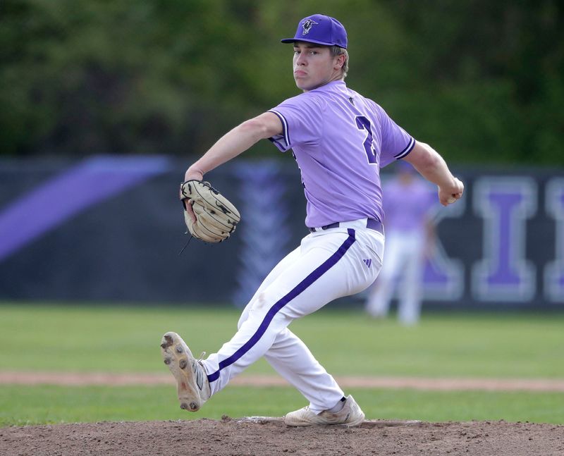 Kiel’s Hunter Pitzen (2) winds up to deliver a pitch to a a Kewaskum player, Friday, May 23, 2025, in Kiel, Wis.