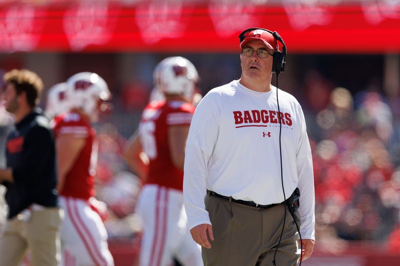 Oct 1, 2022; Madison, Wisconsin, USA; Wisconsin Badgers head coach Paul Chryst looks on during the third quarter against the Illinois Fighting Illini at Camp Randall Stadium. Mandatory Credit: Jeff Hanisch-USA TODAY Sports
