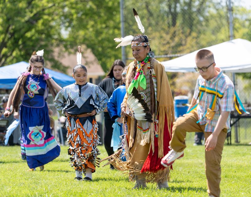 (Center) Linda Cohen of Lac du Flambeau participates in the Milwaukee Intertribal Circle Spring Powwow at Milton Vretenar Memorial Park on Saturday May 31, 2025 in St. Francis, Wis.