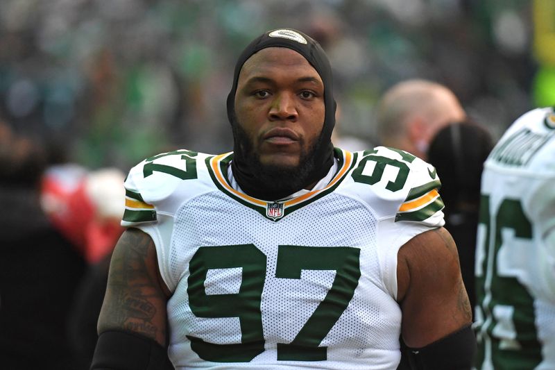 Jan 12, 2025; Philadelphia, Pennsylvania, USA; Green Bay Packers defensive tackle Kenny Clark (97) against the Philadelphia Eagles in an NFC wild card game at Lincoln Financial Field. Mandatory Credit: Eric Hartline-Imagn Images
