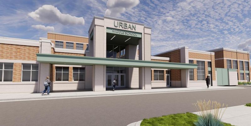 A preliminary rendering shows the new proposed entrance at the updated Urban Middle School.