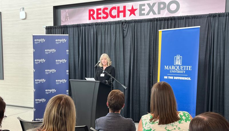 Kim Sandstrom, an Emplify Health by Bellin counselor and supervisor for the Resch Mental Health Initiative, discusses the new pilot program aiming to add mental health professionals in northeastern Wisconsin at an event June 4 at Resch Expo in Ashwaubenon.