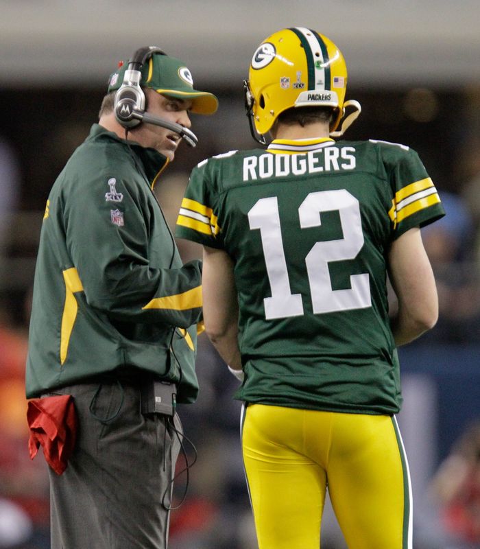 The Green Bay Packers head coach Mike McCarthy, left, and quarterback Aaron Rodgers team up against the Pittsburgh Steelers in Super Bowl XLV, in Arlington, Texas, Sunday, February 6, 2011.
