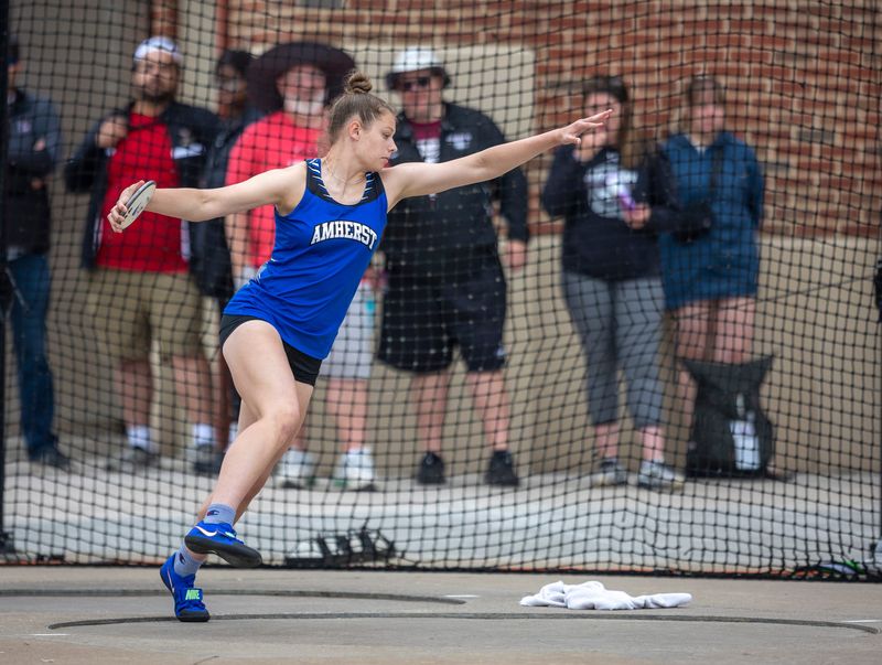 Amherst’s Alexis Wierzba throws her disc in the D2 girls discus throw during the WIAA State Track and Field meet on Friday, June 6, 2025 at Veterans Memorial Field in La Crosse, Wis.