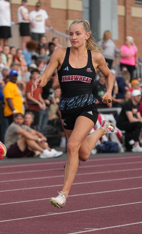 Arrowhead's Elise Schroeder competes in the Division 1 girls 4x100-meter relay during the WIAA State Track and Field meet on Friday, June 6, 2025 at Veterans Memorial Field in La Crosse, Wis.