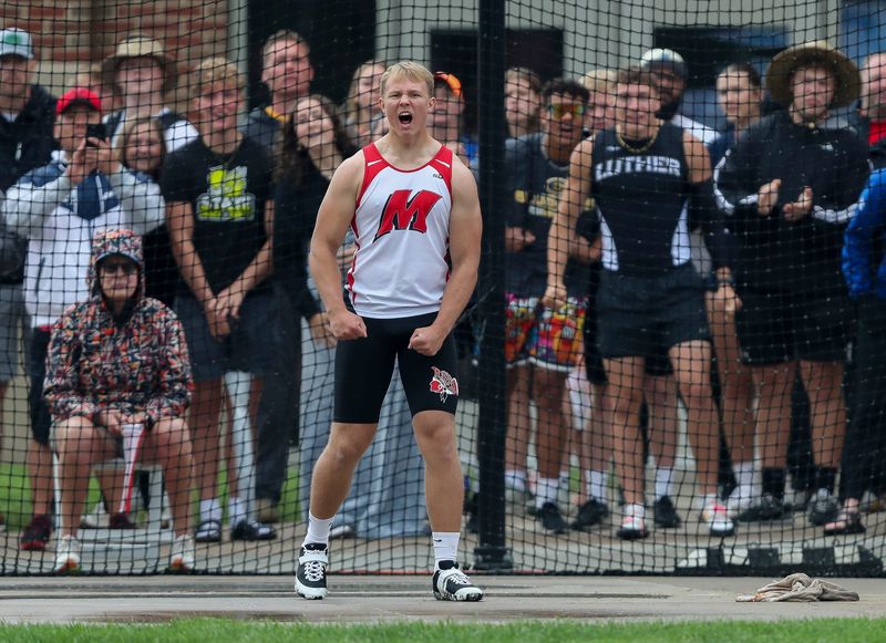 Marathon High School’s Chris Marcell reacts after his final throw in the Division 3 boys discus throw during the second day of the 2025 WIAA state track and field meet on Saturday, June 7, 2025, at Veterans Memorial Field Sports Complex in La Crosse, Wisconsin. Marcell broke the existing state record with his first throw of the competition, and then broke his own record on each of his three attempts in the finals, capping his day with a throw of 211 feet, 4 inches.
Tork Mason/USA TODAY NETWORK-Wisconsin