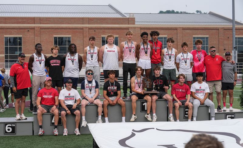 Homestead poses with the 2025 WIAA Division 1 Boys State Track & Field Runner-up trophy at Veterans Memorial Field in La Crosse, Wisconsin on Saturday, June 7.