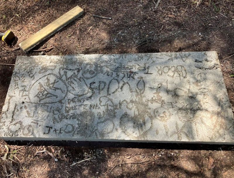 Damage to the concrete pad that was meant to hold new benches at the Izaak Walton League property on the West Twin River.