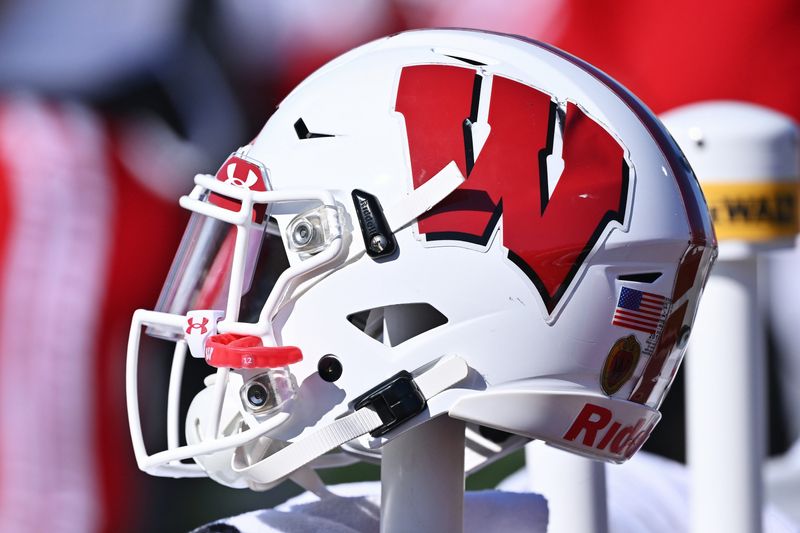 Oct 8, 2022; Evanston, Illinois, USA; A general view of a Wisconsin Badgers helmet during a game against the Northwestern Wildcats at Ryan Field. Mandatory Credit: Jamie Sabau-USA TODAY Sports