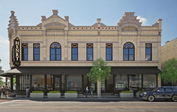 A rendering of the H.C. Laack building in downtown Plymouth shows a sign for the 'Henry Christopher Hotel.'