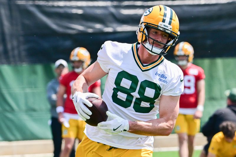 Green Bay Packers tight end Luke Musgrave participates in the team's minicamp June 12 at Ray Nitschke Field. Musgrave, recently married, is entering his third season with the Packers in 2025.