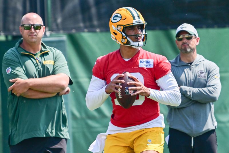 Jun 11, 2025; Green Bay, WI, USA; Green Bay Packers quarterback Jordan Love (10) participates in the team's minicamp at Ray Nitschke Field. Mandatory Credit: Benny Sieu-Imagn Images