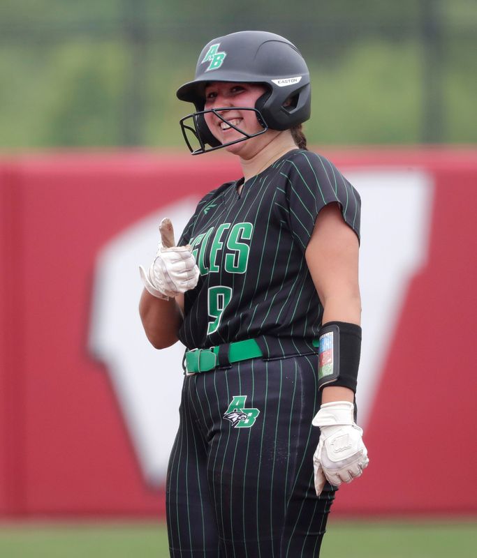 Almond-Bancroft High School's Riya Ceballos (9) gives a thumbs up after getting back to second base safely on a run down against Thorp High School during their WIAA Division 5 semifinal softball game Thursday, June 12, 2025, at the Goodman Softball Complex in Madison, Wisconsin. Ceballos was safe at second base. Almond-Bancroft won 18-3.
Dan Powers/USA TODAY NETWORK-Wisconsin.