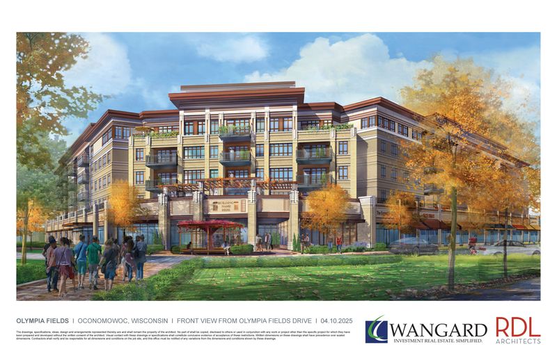 This rendering shows one view of Elevate, a mixed-use building that Wangard Partners is planning to build at Olympia Fields in Oconomowoc. The building will feature 107 apartments on the upper four floors, with townhomes and 19,000 square feet of retail space on the ground floor.