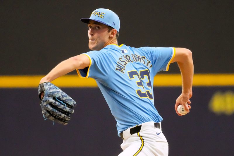 Jun 12, 2025; Milwaukee, Wisconsin, USA; Milwaukee Brewers pitcher Jacob Misiorowski (33) throws a pitch during the third inning against the St. Louis Cardinals at American Family Field. Mandatory Credit: Jeff Hanisch-Imagn Images