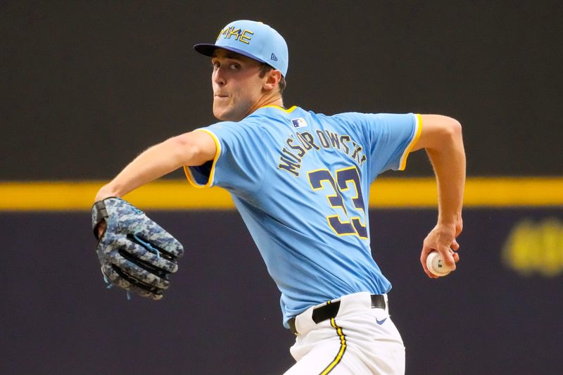 Jun 12, 2025; Milwaukee, Wisconsin, USA; Milwaukee Brewers pitcher Jacob Misiorowski (33) throws a pitch during the third inning against the St. Louis Cardinals at American Family Field. Mandatory Credit: Jeff Hanisch-Imagn Images