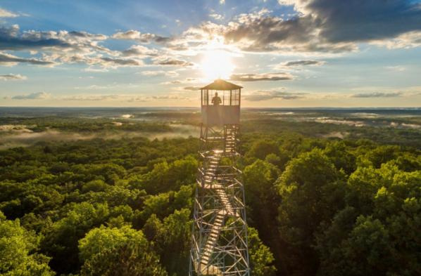 The Mountain Fire Lookout Tower, built in 1935, is a 100-foot steel structure with a 7-by-7-foot cab that offers a breathtaking view of the Chequamegon-Nicolet National Forest and Oconto County, north of Mountain, Wis.