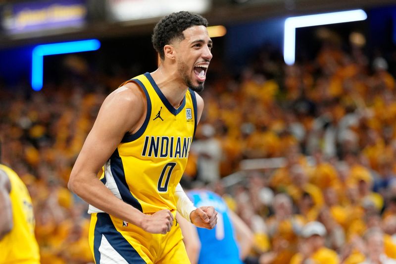 Game 4: Indiana Pacers guard Tyrese Haliburton (0) reacts after a play during the second half.