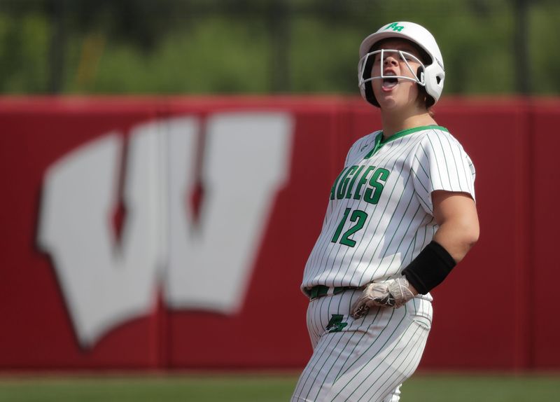 Almond-Bancroft High School's Kerstyn Clark (12) reacts after getting to second base in the seventh inning against Belmont High School during their WIAA Division 5 championship softball game Saturday June 14, 2025, at the Goodman Softball Complex in Madison, Wisconsin. Almond-Bancroft lost 8-3.
Dan Powers/USA TODAY NETWORK-Wisconsin.