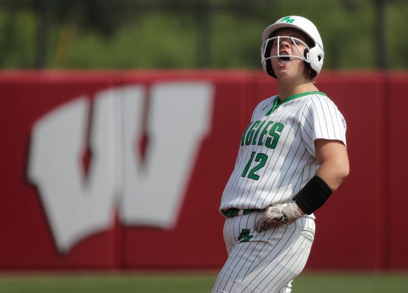 Almond-Bancroft High School's Kerstyn Clark (12) reacts after getting to second base in the seventh inning against Belmont High School during their WIAA Division 5 championship softball game Saturday June 14, 2025, at the Goodman Softball Complex in Madison, Wisconsin. Almond-Bancroft lost 8-3.
Dan Powers/USA TODAY NETWORK-Wisconsin.