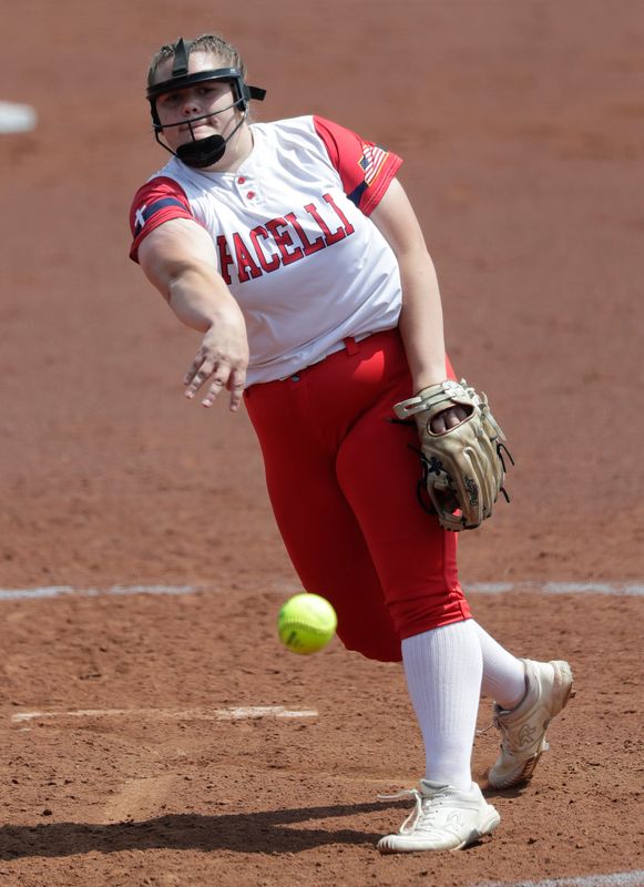 Pacelli Catholic High School's Peyton Mancl (13) pitches against Mishicot High School during their WIAA Division 4 championship softball game Saturday June 14, 2025, at the Goodman Softball Complex in Madison, Wisconsin. Mishicot won 1-0.
Dan Powers/USA TODAY NETWORK-Wisconsin.