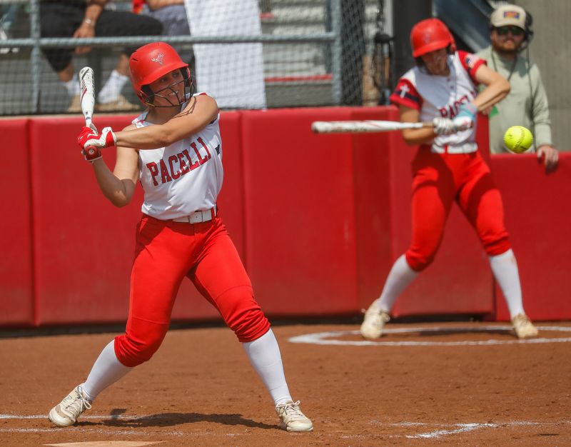 Pacelli Catholic High School's Katy Ilkka (5) swings at a pitch against Mishicot High School during the Division 4 state championship game at the 2025 WIAA state softball tournament on Saturday, June 14, 2025, at Goodman Softball Complex in Madison, Wisconsin. Mishicot won the game, 1-0, in nine innings.
Tork Mason/USA TODAY NETWORK-Wisconsin