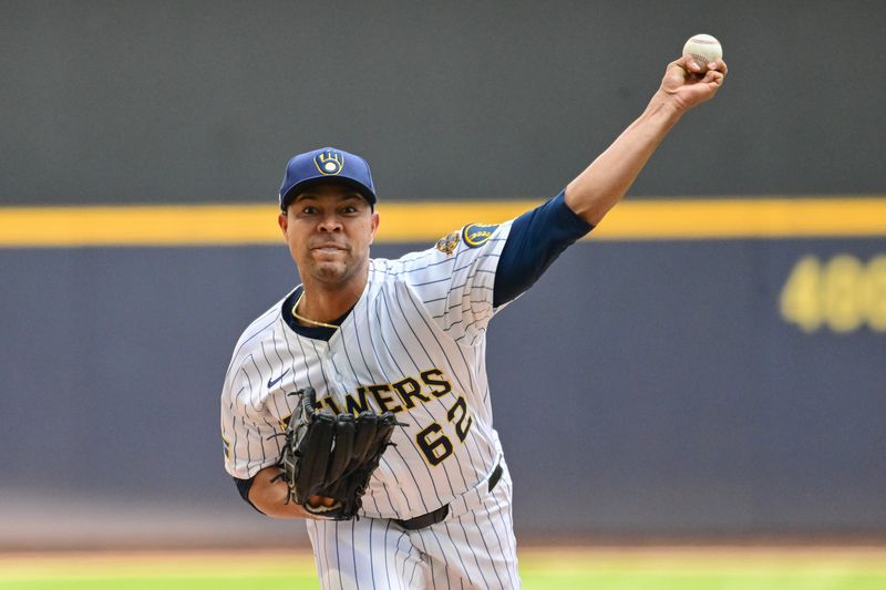 Jun 14, 2025; Milwaukee, Wisconsin, USA; Milwaukee Brewers starting pitcher Jose Quintana (62) throws a pitch in the first inning against the St. Louis Cardinals at American Family Field. Mandatory Credit: Benny Sieu-Imagn Images