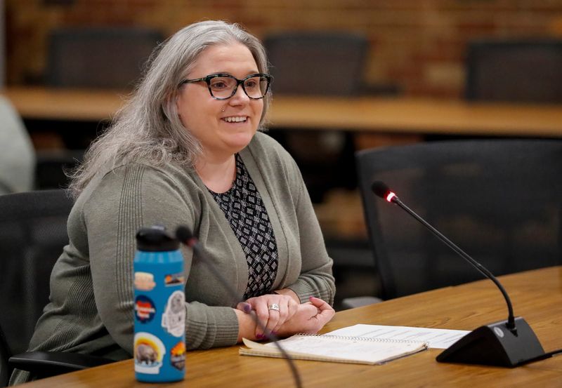 Samantha Meister answers an interview question during a Green Bay Area Public School board meeting on June 16 at the GBAPS district building in Green Bay. Candidates interviewed with current board members to fill the vacancy left by Kou Lee, who resigned in May after a Green Bay Press-Gazette investigation revealed that he did not live within the school district.
