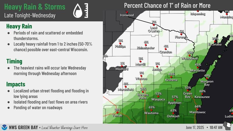 The chances for 1 inch of rain or more June 18 in northeastern Wisconsin.