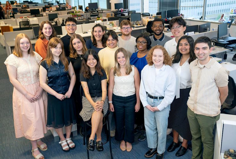 The Milwaukee Journal Sentinel 2025 summer interns gather in the downtown newsroom. Back, from left: Francesca Pica, Isaiah De Anda Delgado, Rose Androwich, Jack Albright, Dakota Barnes-Rush and Tianrui (Tony) Xiao. Middle, from left: Mia Thurow, Liliana Fannin, Ariela Lopez, Carol Coronado, Maya Bell and Sofia Joseph. Front, from left: Kylie Volavongsa (sitting), Sophia Tiedge, Anna Kleiber and Andrew Montequin.