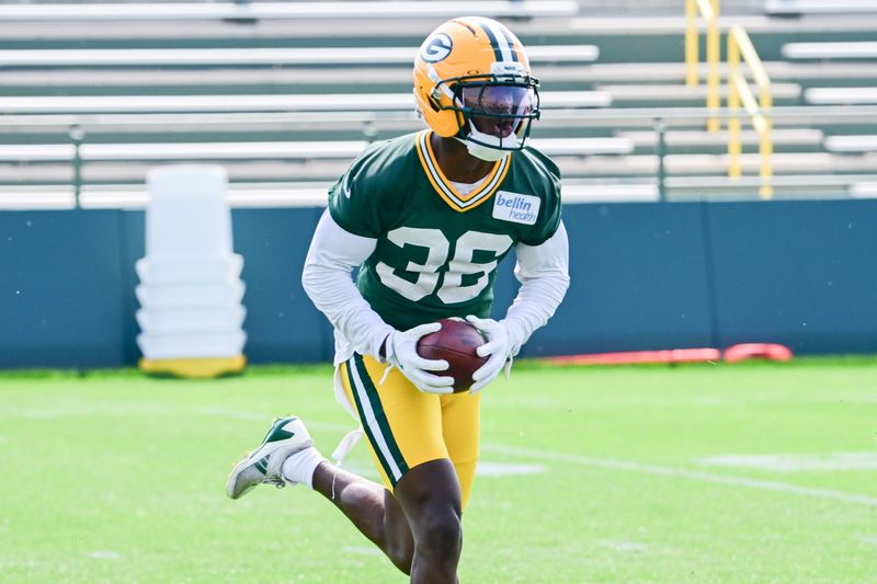 Jun 11, 2025; Green Bay, WI, USA; Green Bay Packers corner back Kamal Hadden (36) participates in the team's minicamp at Ray Nitschke Field. Mandatory Credit: Benny Sieu-Imagn Images
