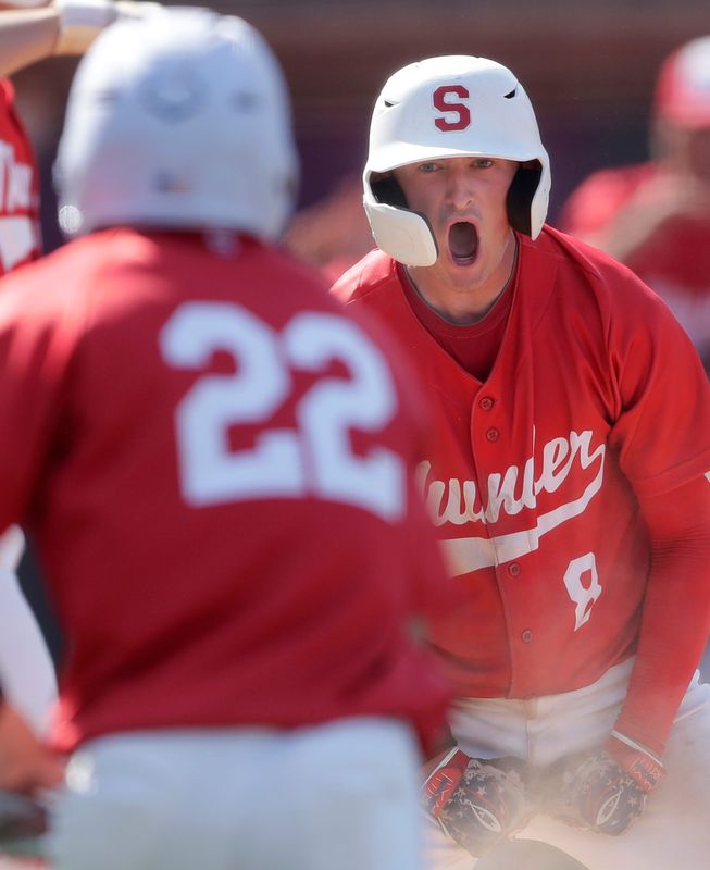 Seymour's Brady Poch celebrates after scoring against New Berlin Eisenhower during the WIAA Division 2 state championship game June 19 at Neuroscience Group Field at Fox Cities Stadium in Grand Chute.