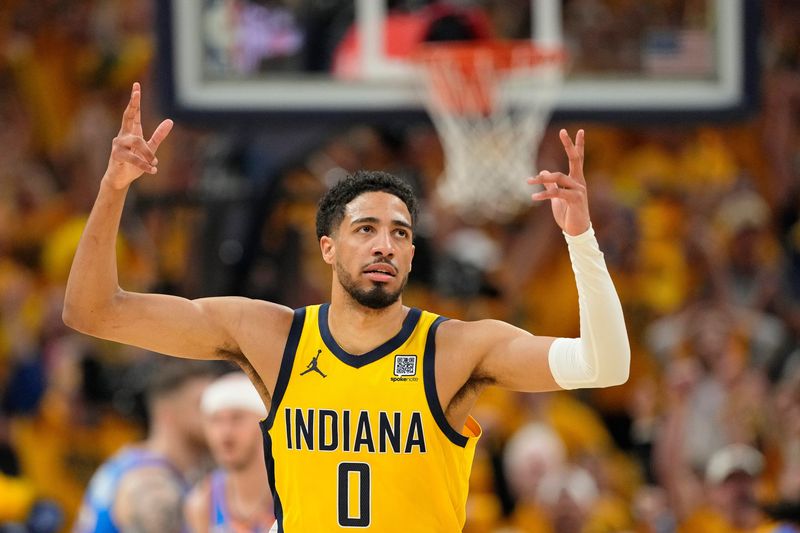 Pacers guard Tyrese Haliburton (0) reacts after a play against the Thunder during the first half of Game 6 of the NBA Finals at Gainbridge Fieldhouse in Indianapolis on June 19, 2025.