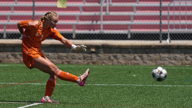 Kiel keeper Mya Langenfeld (1) sends the ball downfield against Edgewood during their WIAA Division 3 girls state soccer semifinal on Friday, June 20, 2025 at Uihlein Soccer Park in Milwaukee, Wisconsin.