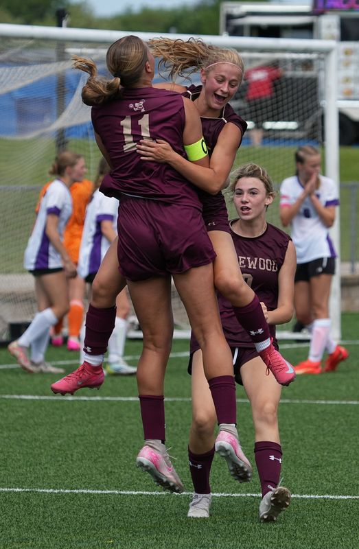 Edgewood's Sonoma Bever (11) celebrates her overtime goal with teammate Ava Ferree (3) during the WIAA Division 3 girls state soccer semifinal against Kielon Friday, June 20, 2025 at Uihlein Soccer Park in Milwaukee, Wisconsin. Edgewood won the game, 2-0, in OT and will play in the championship game Saturday.