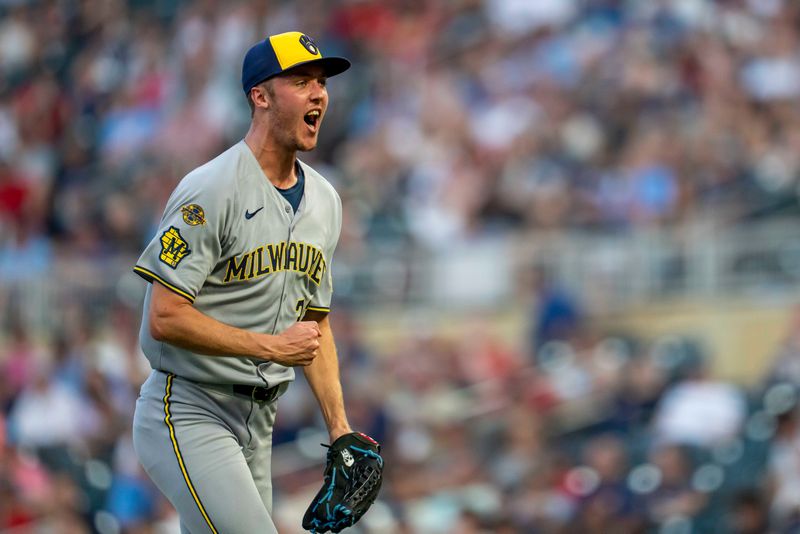 Brewers starting pitcher Jacob Misiorowski (32) celebrates striking out a batter in the fifth inning against the Twins on June 20 at Target Field in Minneapolis. Misiorowski threw six perfect innings before giving up a walk and two-run home run to open the seventh.