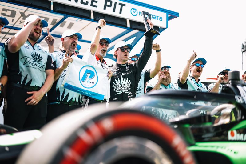 Louis Foster and his Rahal Letterman Lanigan team celebrate after he won the pole in NTT IndyCar Series qualifying for the XPEL Grand Prix on Saturday, June 21, 2025, at Road America in Elkhart Lake, Wisconsin.