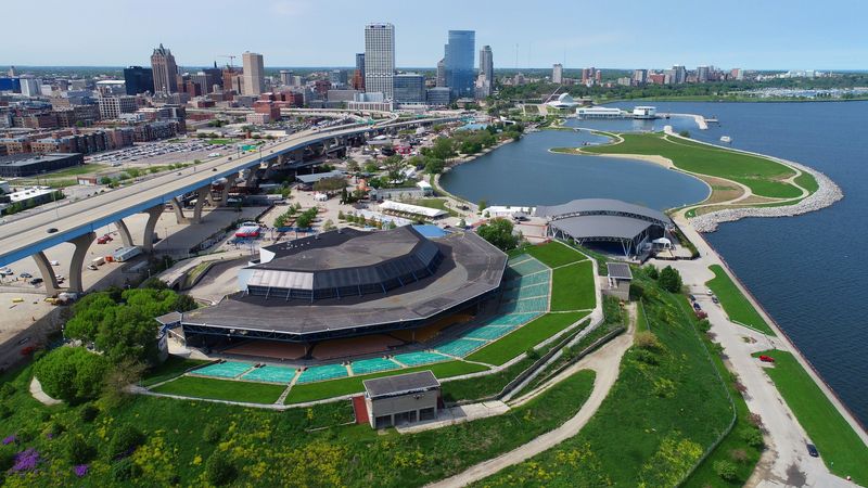 The American Family Insurance Amphitheater on the Summerfest grounds including Lakeshore State Park and the city of Milwaukee skyline, photographed on June 3, 2019.