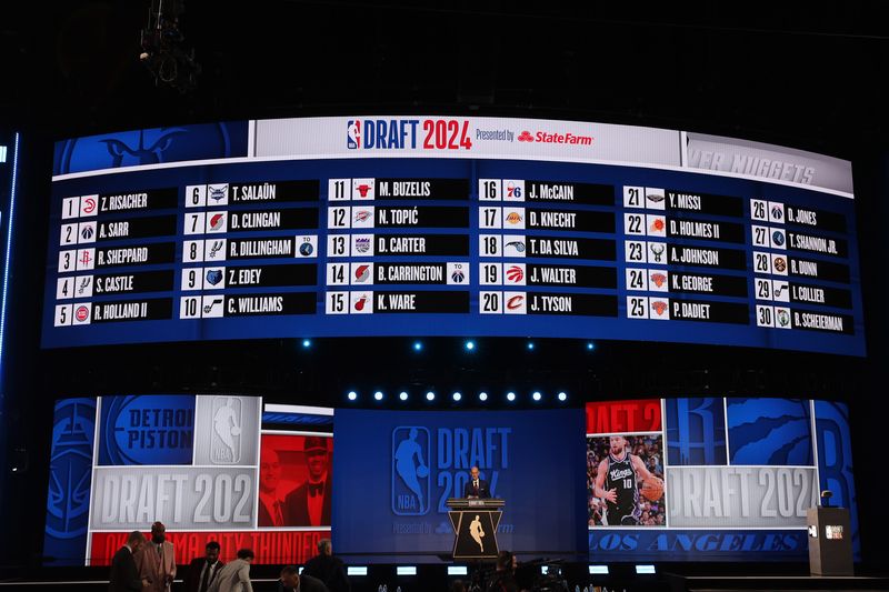 Jun 26, 2024; Brooklyn, NY, USA; NBA commissioner Adam Silver speaks at the podium after the first round of the 2024 NBA Draft at Barclays Center. Mandatory Credit: Brad Penner-USA TODAY Sports