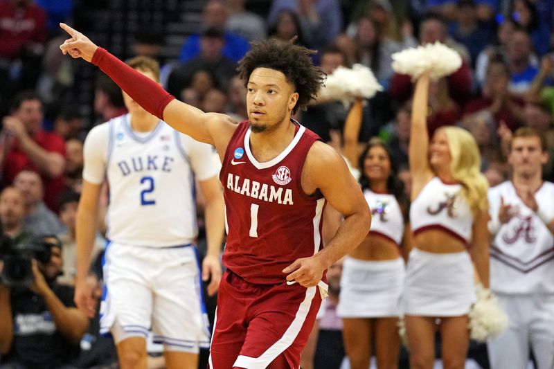 Mar 29, 2025; Newark, NJ, USA; Alabama Crimson Tide guard Mark Sears (1) celebrates after a play during the second half against the Duke Blue Devils in the East Regional final of the 2025 NCAA tournament at Prudential Center. Mandatory Credit: Robert Deutsch-Imagn Images