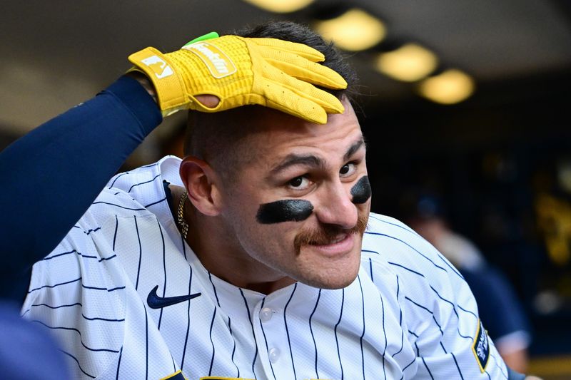 Jun 28, 2025; Milwaukee, Wisconsin, USA; Milwaukee Brewers shortstop Joey Ortiz (3) celebrates after hitting a 2-run home run in the fourth inning against the Colorado Rockies at American Family Field. Mandatory Credit: Benny Sieu-Imagn Images