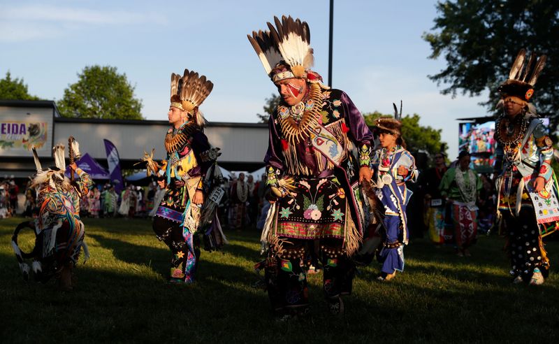 Dancers participate in the 51st Oneida Pow Wow on June 28, 2025, in Oneida, Wis.