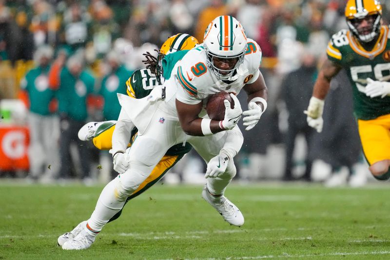 Nov 28, 2024; Green Bay, Wisconsin, USA; Miami Dolphins tight end Jonnu Smith (9) is tackled by Green Bay Packers safety Xavier McKinney (29) after catching a pass during the third quarter against the Green Bay Packers at Lambeau Field. Mandatory Credit: Jeff Hanisch-Imagn Images