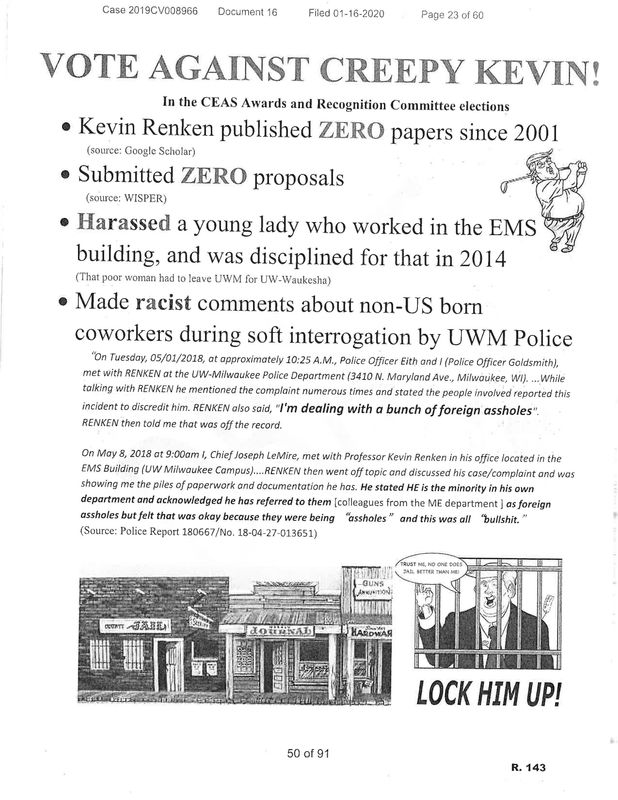 A copy of the "Vote against Creepy Kevin" poster that UW-Milwaukee Professor Kevin Renken said was circulated within the engineering college by his colleagues to derail his nomination to an awards committee.